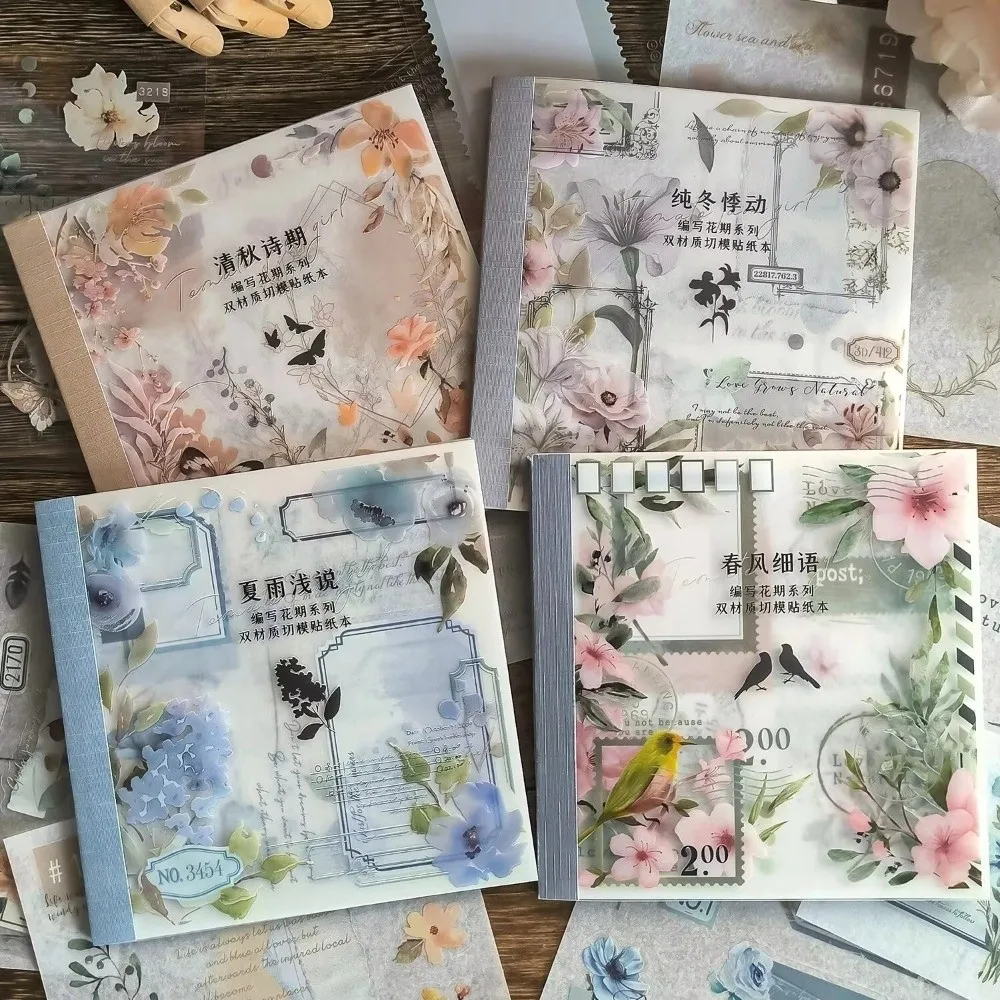 

20Pcs/book INS Floral Sticker Book Four Seasons Theme Cutting Scrapbook Dual-material Handbook DIY Decorative Stickers
