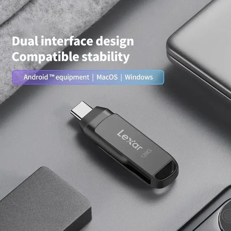 محرك Lexar JumpDrive المزدوج USB 3.1 Type-C 64GB 128GB 256GB 512GB حتى 130 برميل/الثانية للكمبيوتر الشخصي المعدني iPhone 15 تصميم دوار