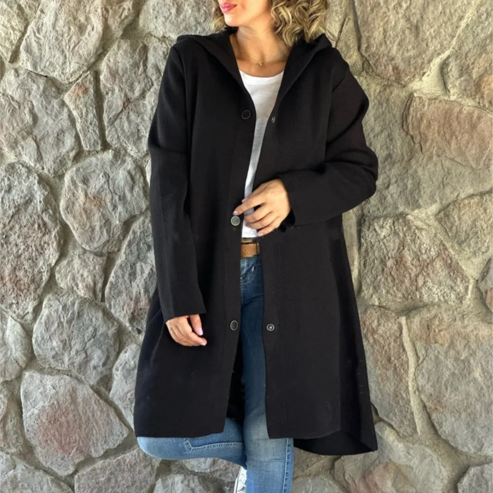 Autumn And Winter New Solid Color Woolen For Women\'s Long Sleeve Coat Elegant Fashion Pocket Casual Loose Female Hooded Coat2024