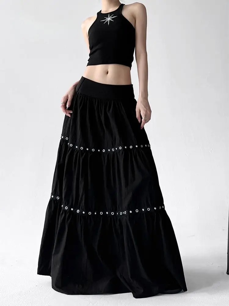 Women's Long Skirt High Waist Big Swing Black Skirt Young Girl Vintage Fashion Female High Waist Loose Ankle-length Skirts
