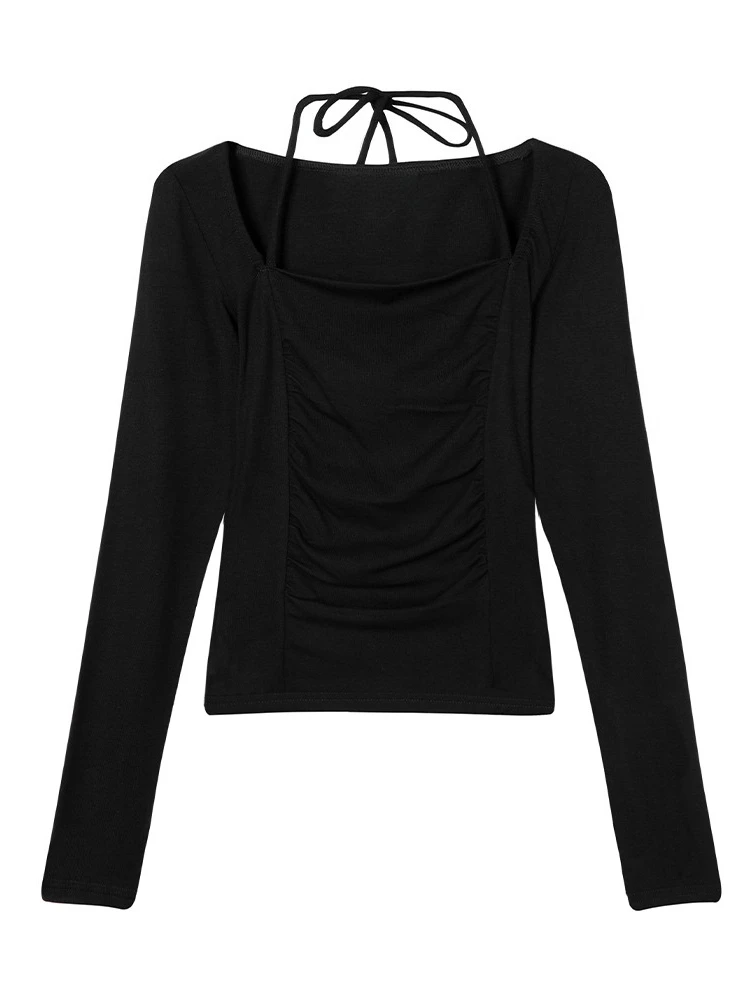 Herbst-Winter Damen T-Shirt mit Quadratischem Ausschnitt, Langarm-Oberteil, Neckholder, Schmal Geschnittenes Geripptes Strick-Tee, Elegantes Y2K Crop-Top, Bluse zum Überziehen – Detail 2
