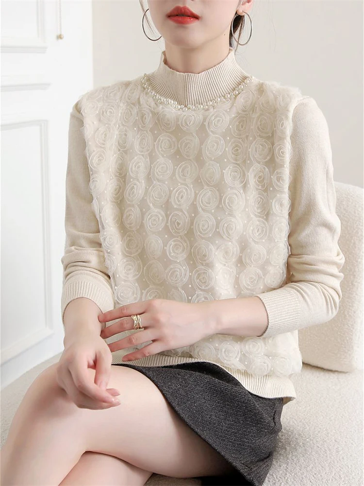 

Осенне-зимний новый милый сетчатый кружевной лоскутный пуловер с длинными рукавами, дизайн из бисера, элегантный пуловер для женщин