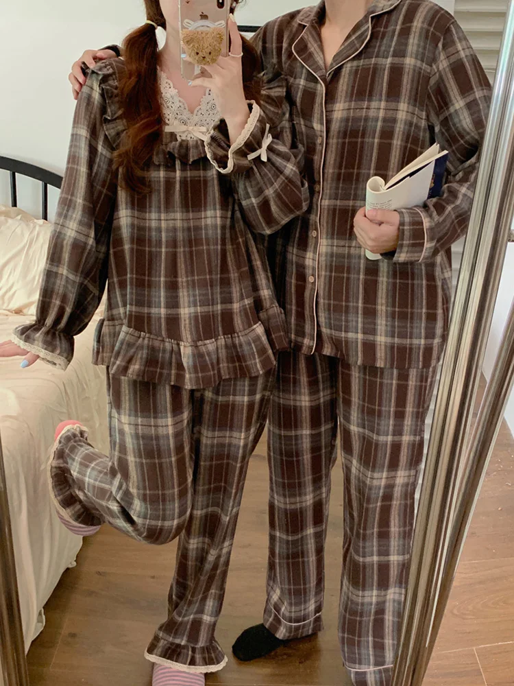 New 2colors Home Lovers Couple Lace Plaid Stripe Vintage Thicken Long Sleeve Pajama Set Women Sweet Loose Kawaii Sleep Tops InS