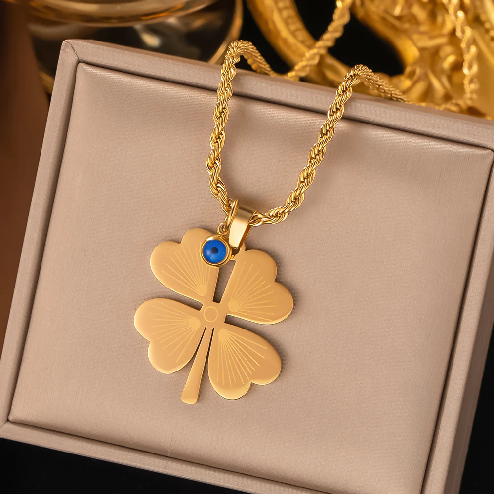 New Blue Eyes Engraved Floral Quatrefoil Flower Pendant Stainless Steel Necklace Earrings for women Jewelry Set