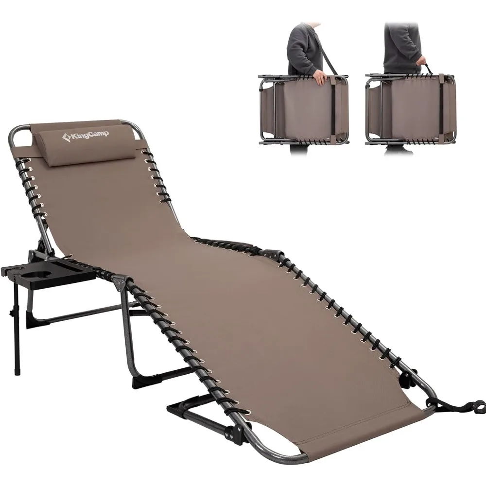 Folding Chaise Lounge Chair for Outside Beach, Lay Flat Camping Reclining with Pillow & Side Table, Utdoor Sun Loungers