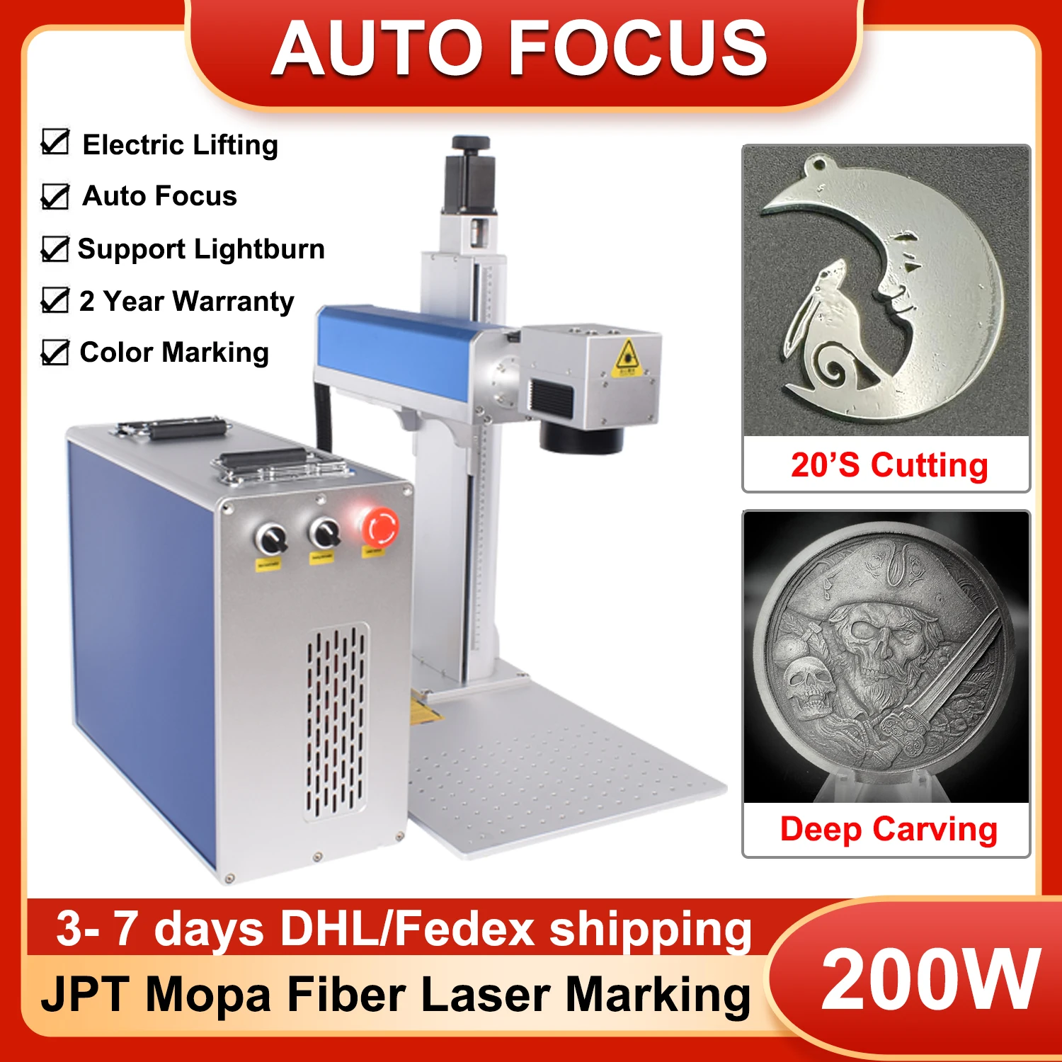 200W Auto Focus Fiber Laser Marking Machine 100W JPT Mopa Fiber Laser Engraver for Engraving Cutting Jewelry Gold Silver Metal