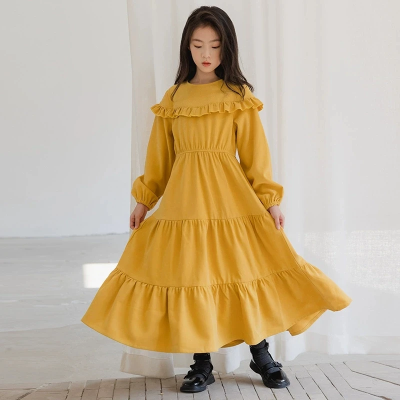

Корейская детская одежда, весна-осень 2023, новое платье для девочек, желтое праздничное вельветовое платье с длинными рукавами и краями грибка