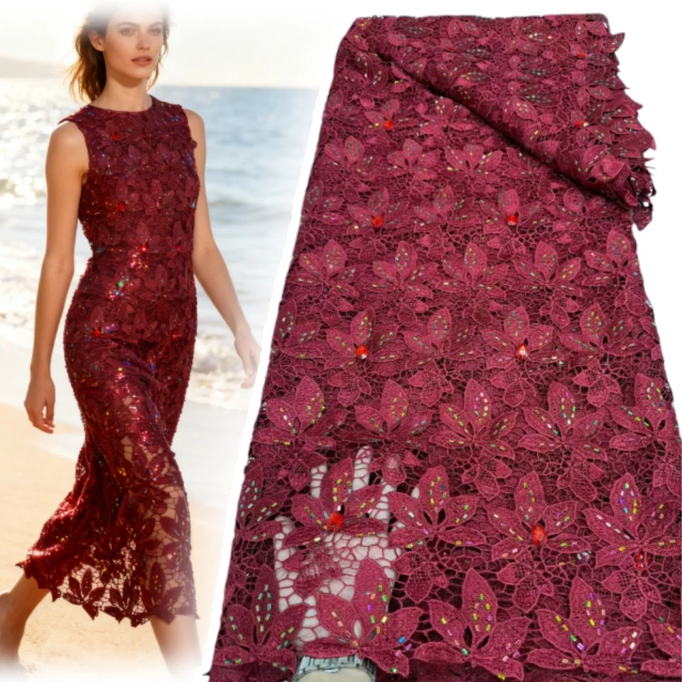 

African Nigerian 2025 High Quality Embroidery Tulle Lace Fabric Wedding Party Dress Guipure Water Soluble Sequins 5Yards 1877