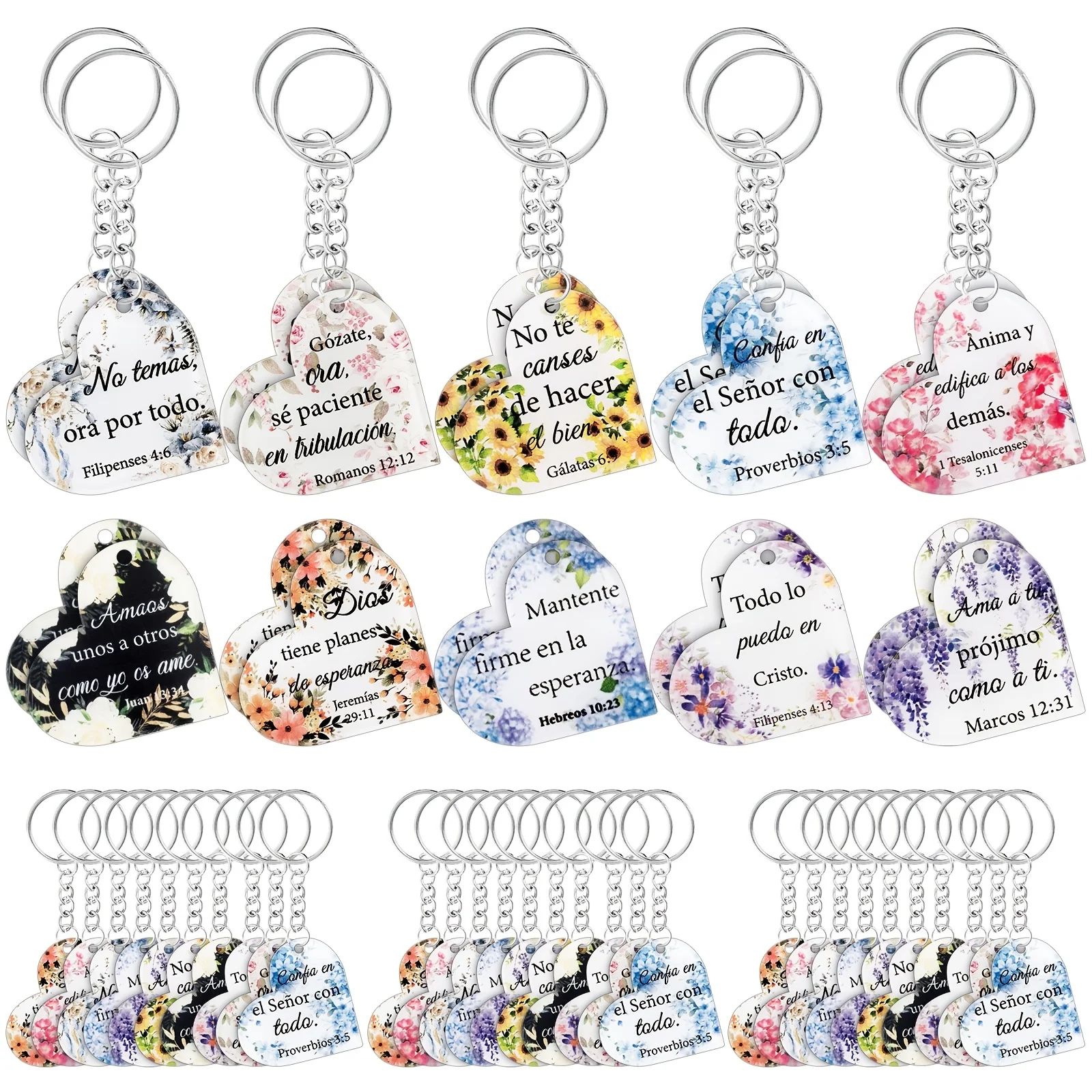 2D Flat, 30pcs Spanish Christian Keychain Set Bible Verse Keychain Religious Gifts Heart Shape with Inspirational Spanish Religious Scripture for Daily Faith Reminder