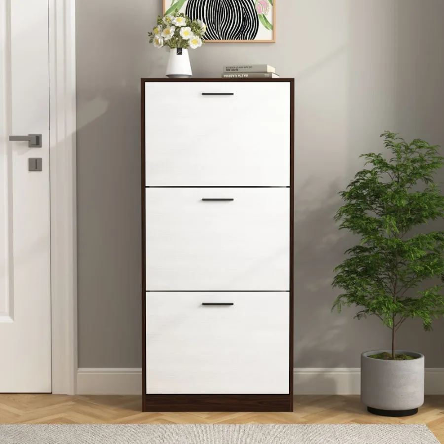 Shoe Storage Cabinet with 3 White Panel Flip Drawers Freestanding Organizer for Entryway Narrow Shoe Rack Cabinet