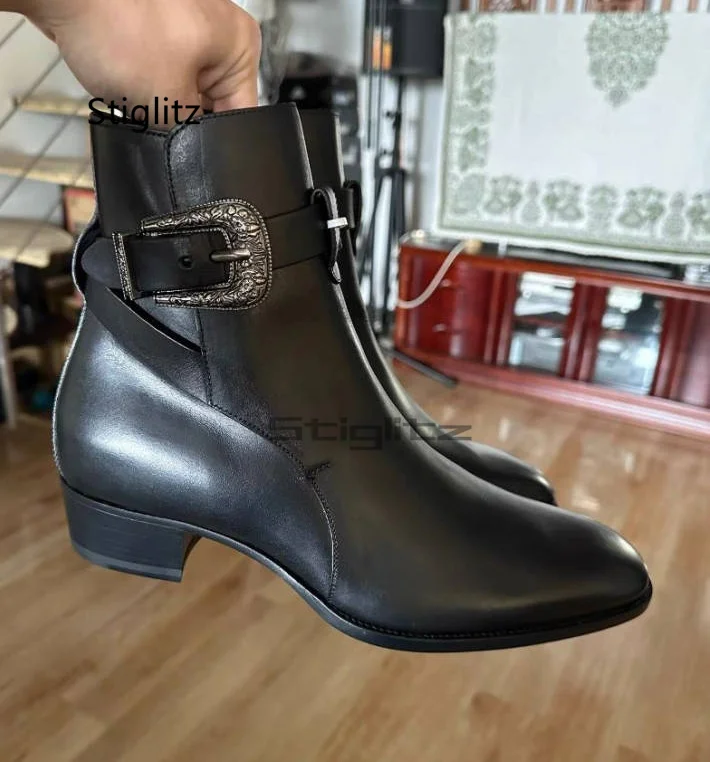 

Genuine Leather Pointy Belt Buckle Chelsea Boots Men's Spring/summer Black British Shoes Med Heels Ankle Boots Hard-Wearing