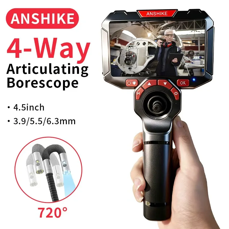 360° 4-way Articulated Endoscope 6.3mm/3.9mm,4.5-inch IPS Endoscope Inspection Camera Automotive Mechanical Industrial Endoscope