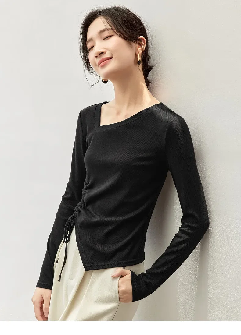 SENTUBILA Irregular Shirring T Shirt for Women 2024 Autumn Cotton Slim Fit Skew Collar Knit Tops Solid Black Tees 143T56834