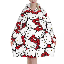 Hello Kitty Oversized Blanket Hoodie Sweatshirt Cartoon Long Fleece Hooded Wearable Blanket with Large Pocket for Women Men