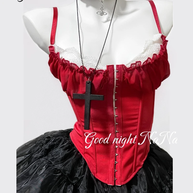 Gothic Punk Black Red Color Splicing Fishbone Women's Top Strap Original Design New Sweet Cute Mesh Puffy Short Skirt Set Ladies