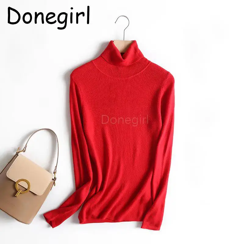 Donegirl 2023 New Women Autumn Warm Comfort Turtleneck Slim Solid Knitted Sweater Pullovers Simple Knitwear Female Tops Chic