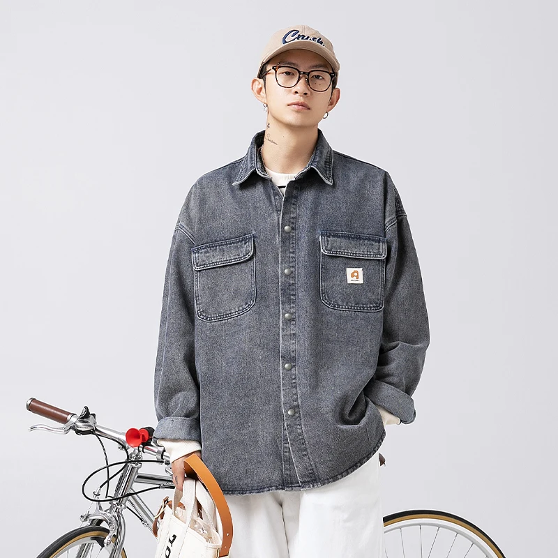 Washed Vintage Loose Fit Japanese Style Long Sleeve Shirt for Men Spring Season Retro Branded High Street Jacket Shirt Outerwear