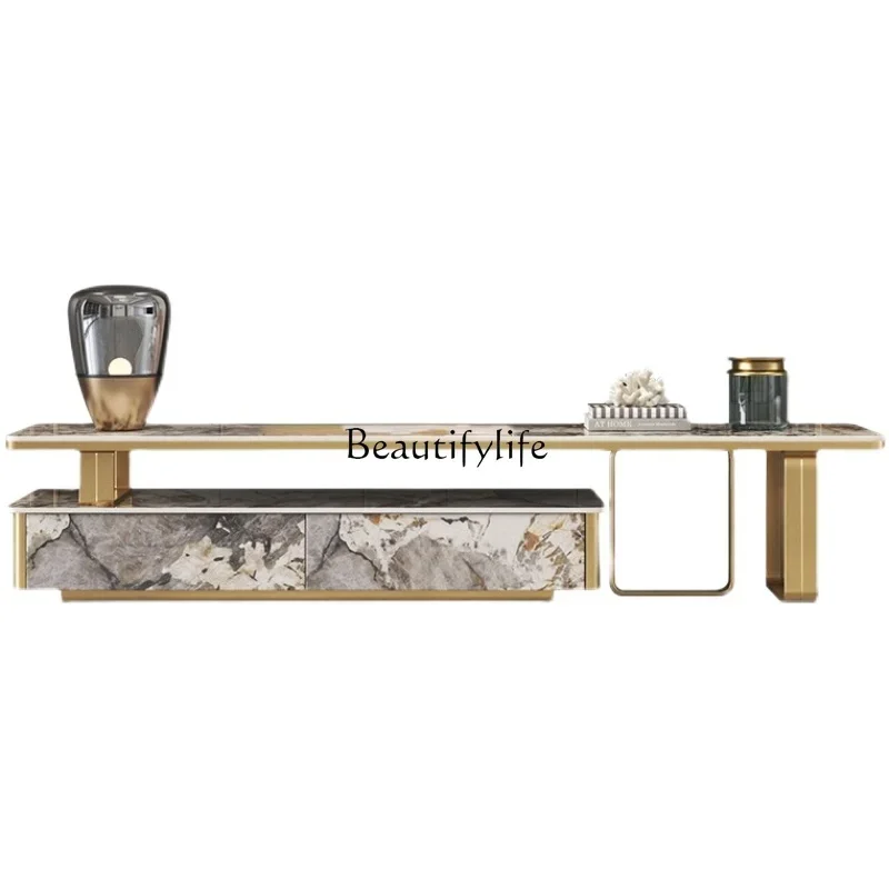 

LJY-*Bright rock slab living room small apartment Italian light luxury designer luxury stone coffee table TV cabinet combination