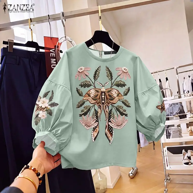Loose Blusas Spring 3/4 Lantern Sleeve Women Blouse Vintage Vacation Tops ZANZEA Elegant Round Neck Casual Work Office Tunics