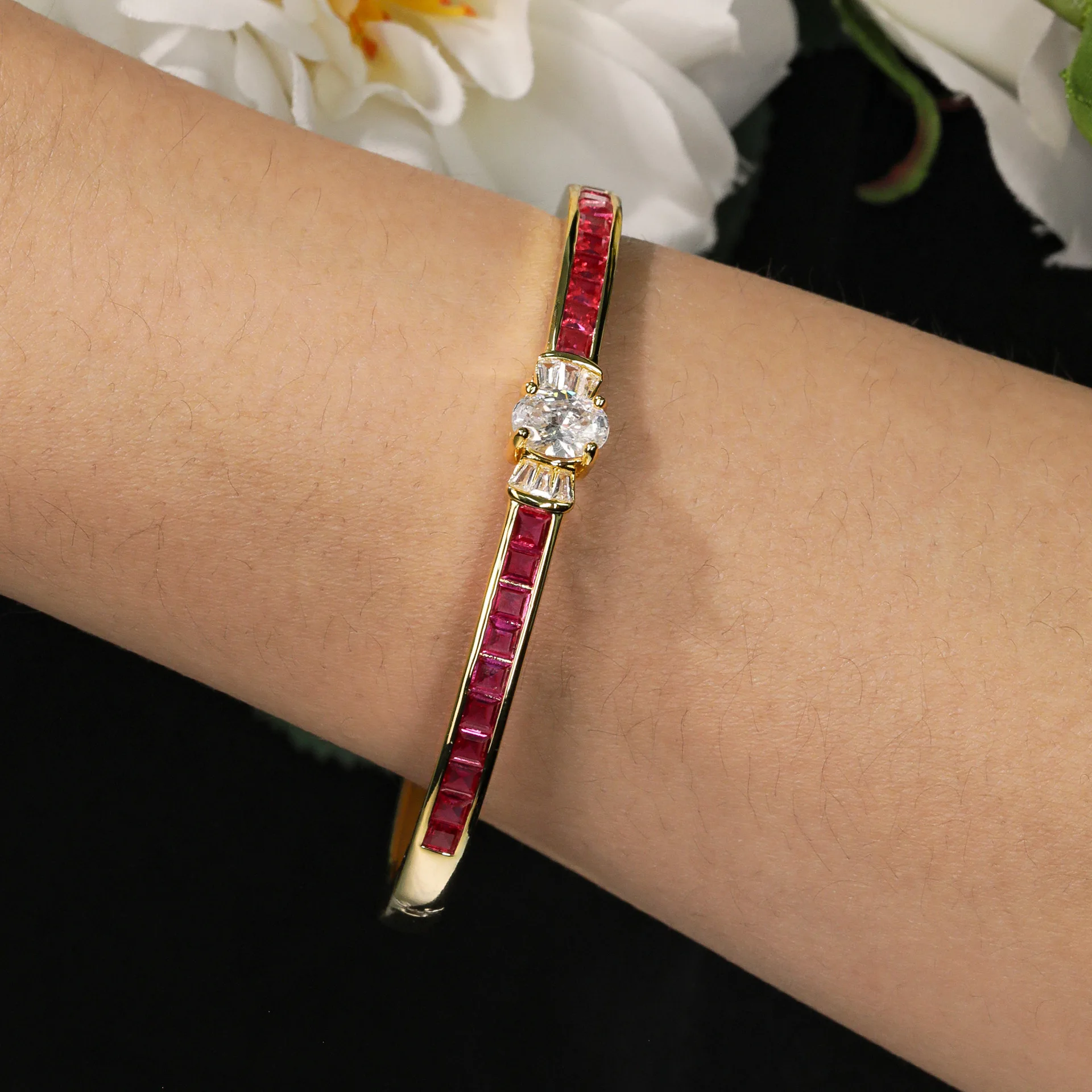 Synthetic High 5A Zircon Red Ruby Bow Knot Bangle Bracelet 18K Gold Plated Designer Copper Jewelry for Women Party