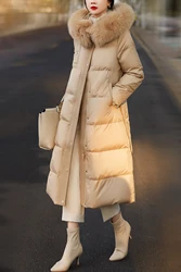 Long Down Jackets for Female, White Duck Down Coats with Belt, Luxury Fox Fur Collars, Hooded Outerwear, High Quality, Winter