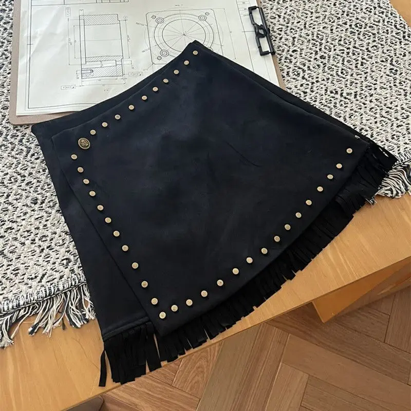 

High Waist Velvet Bohemian Rivet Women's A-line Short Skirt Tassel Autumn Winter 2025 New Skater Sexy Mini Skirt Female