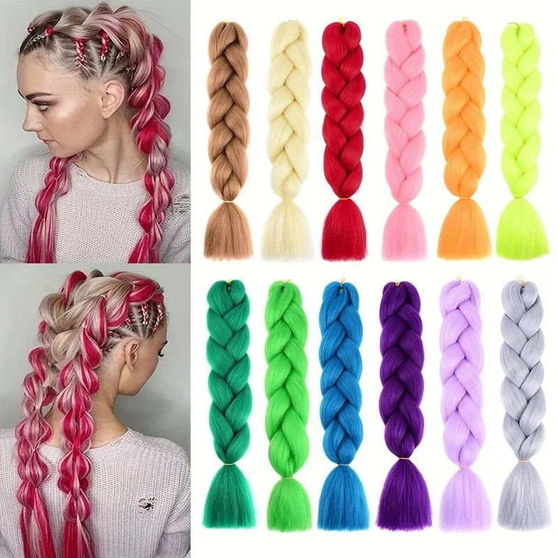 

24Inch Synthetic Long Straight Box Braiding Hair Extension Rainbow Colorful Jumbo Braid Hair Black Brown for Women