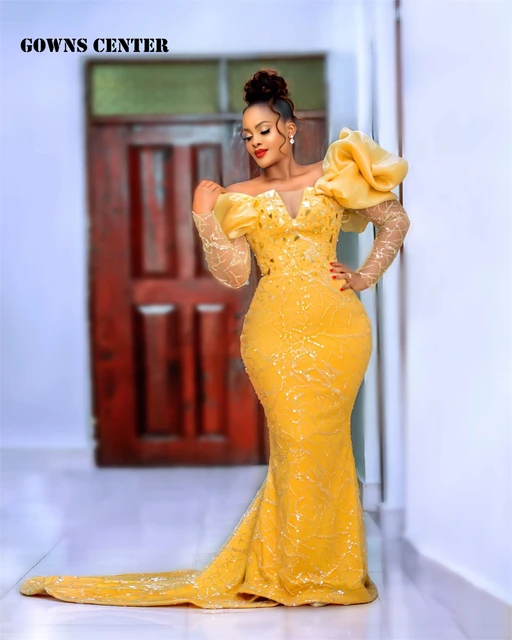 Gold Long Sleeve Aso Ebi Mermaid Evening Dresses With Train African Wedding Dress Sequined Pieces Formal Dress Luxury Beaded