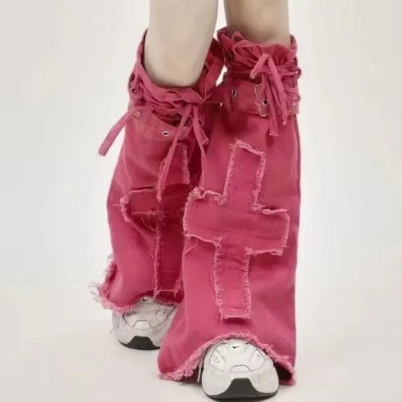 Y2k Hottie Subculture Distressed Chic Design Denim Leg Warmers New Trumpet Lace Up Sweet Cool Washed Leg Warmers Slouch Socks