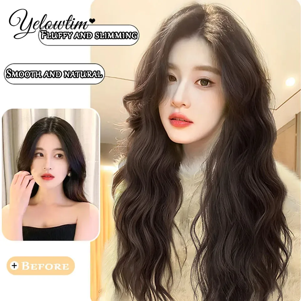 YELOWTI  Popular Brown Ash Long Deep Wave Hair Lolita Wigs With Bangs Synthetic Wig For Women Fashion Thick Curls Wigs Girl