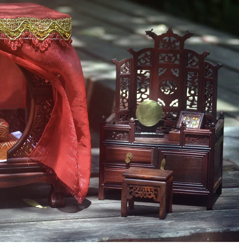 Miniature Rosewood Chinese Throne Screen Furniture Set, Handmade Carved Zen Chair Stand Decor, Vintage Bjd Roombox Collection