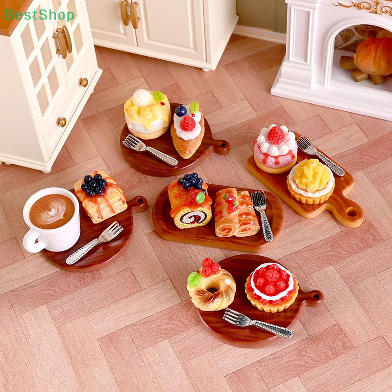♥Doll House Mini Kitchen Cake And Dessert Set, Mini Food Toy Scene Props With Accessories Pretend Play Toys