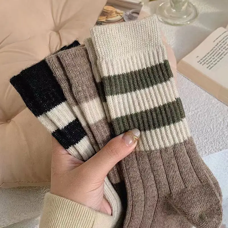 5/10 Pairs Striped Forest Style Pile Socks Retro Japanese Style Thickened Socks With Shark Pants Women's Mid-tube Socks