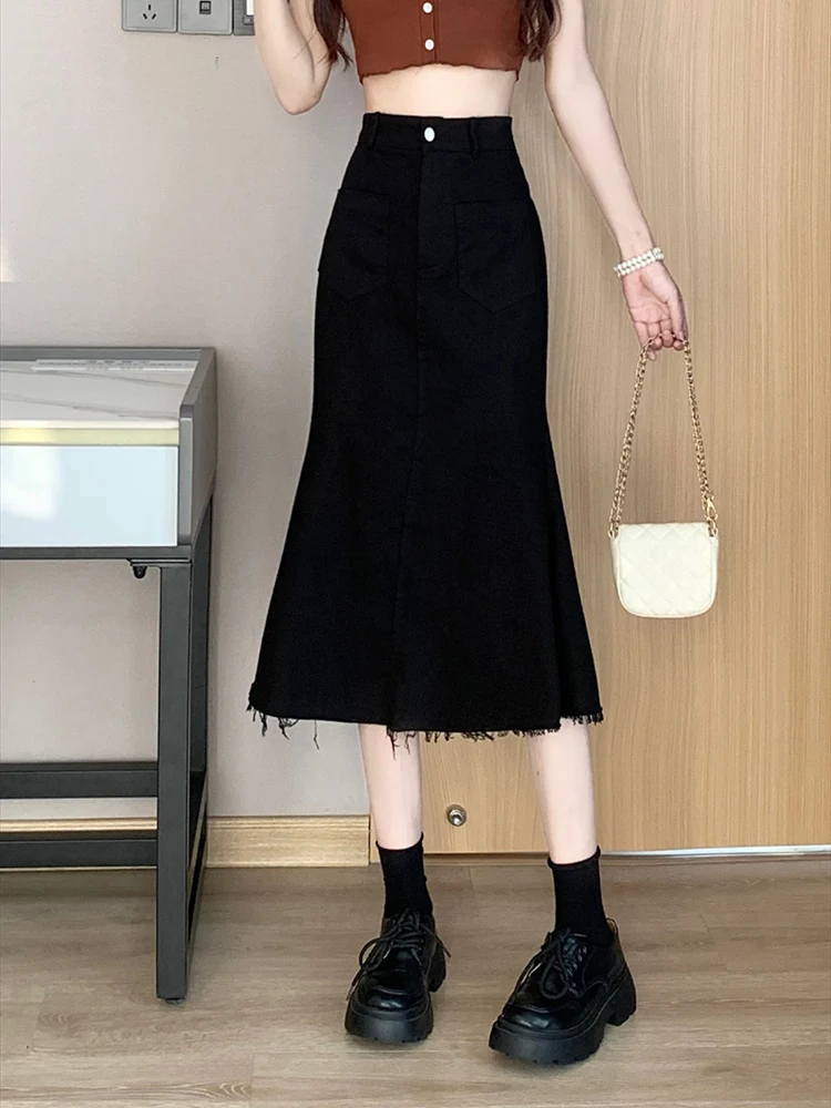 2023 Sexy White High Waist Denim Midi Skirts Women Spring Summer Casaul Long Skirt Y2k White Streetwear Retro