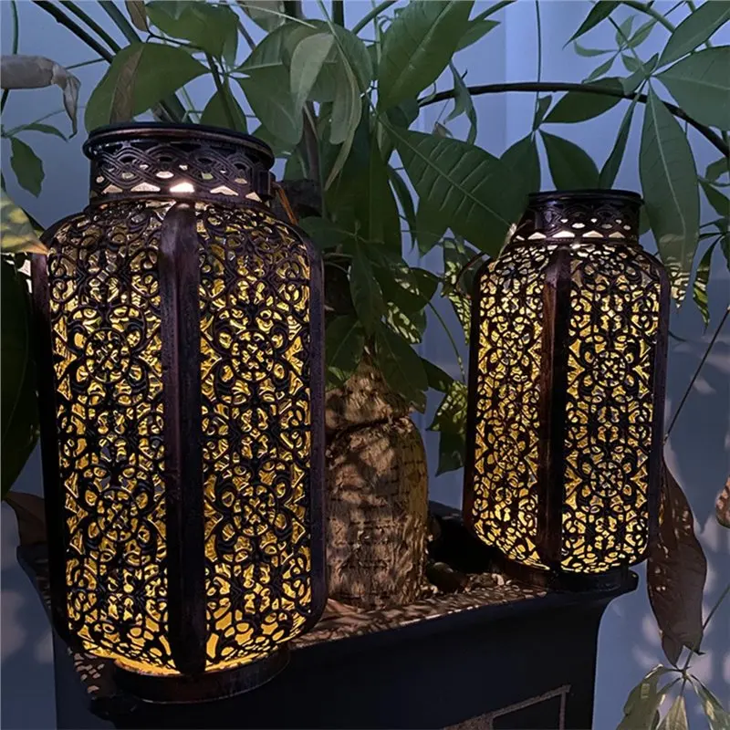 YANA50I LED Solar Hanging Lantern Retro Iron Art Hollow Light Metal Pathway Landscape Lamp Vintage Outdoor Decorative
