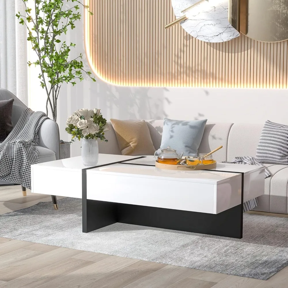 High Gloss Coffee Table with Drawer 45 Inch Coffee Table with Storage Rectangle Cocktail Table Center Table for Sofa Side Table