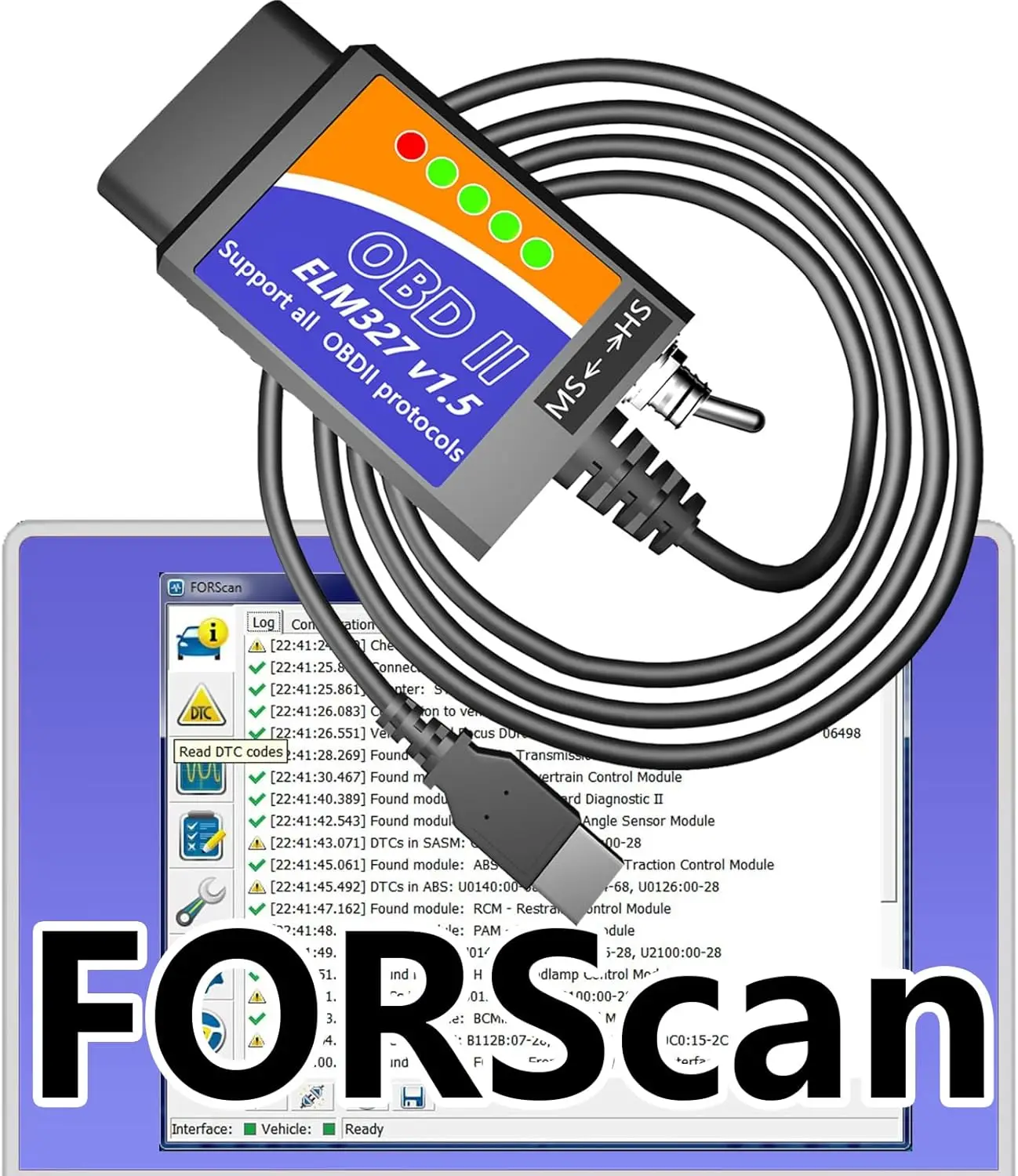 

Адаптер сканера FORScan OBD2 для Ford Mazda Mercury, OBD2 к USB ELM327 с переключателем MS-Can/HS-Can