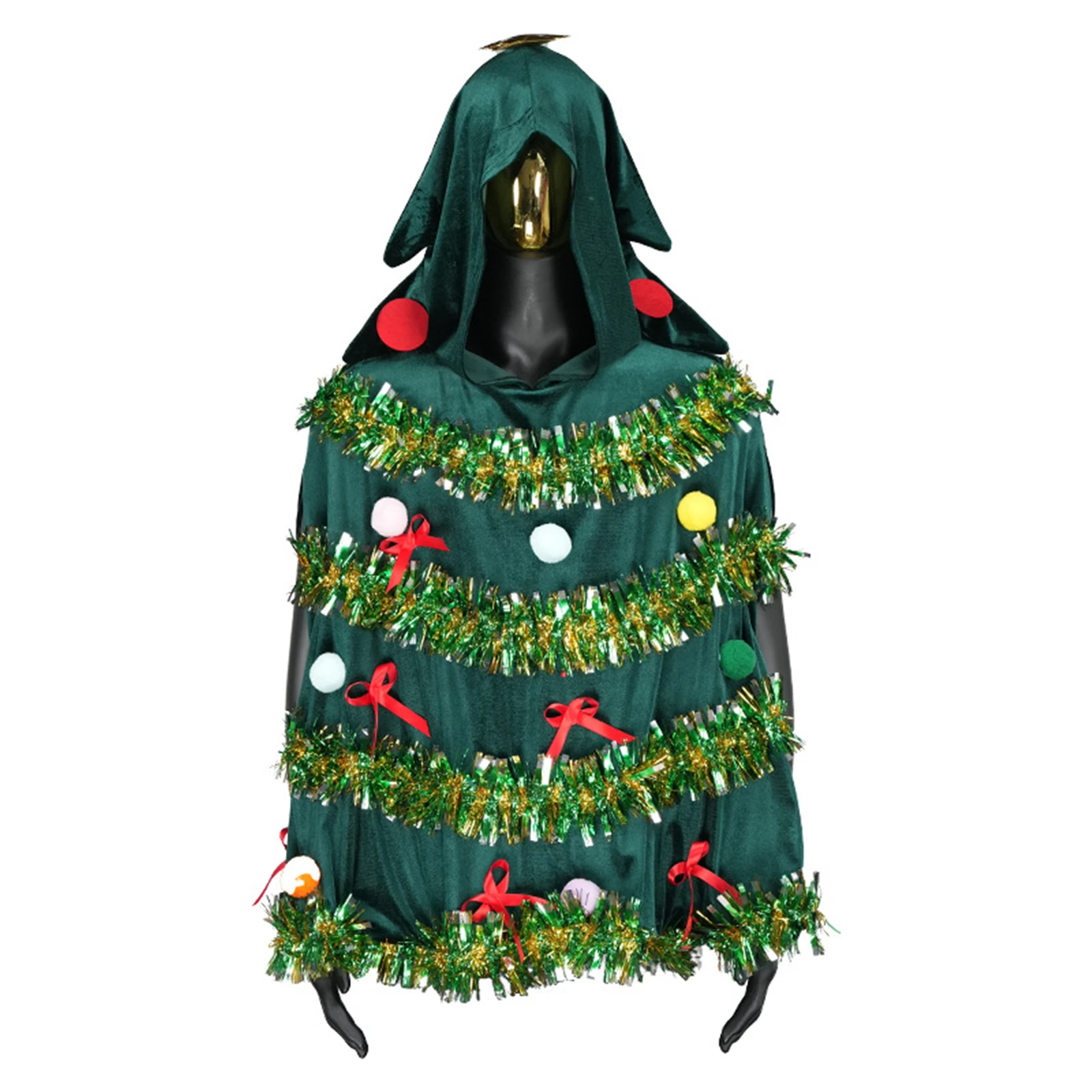 Adults Christmas Tree Cosplay Poncho Costume Bow Ball Decor Hooded Cloak Cape Party Prop for Cosplay New Year Party  Outfit