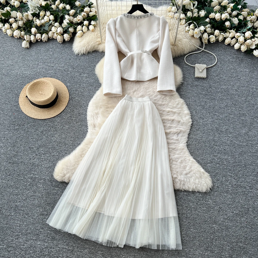 ชุดเดรสยาวแขนยาวผ้าตาข่ายสไตล์วินเทจสำหรับงานปาร์ตี้ แฟชั่นเกาหลี เสื้อผ้าผู้หญิง ชุดเซ็ตสองชิ้น