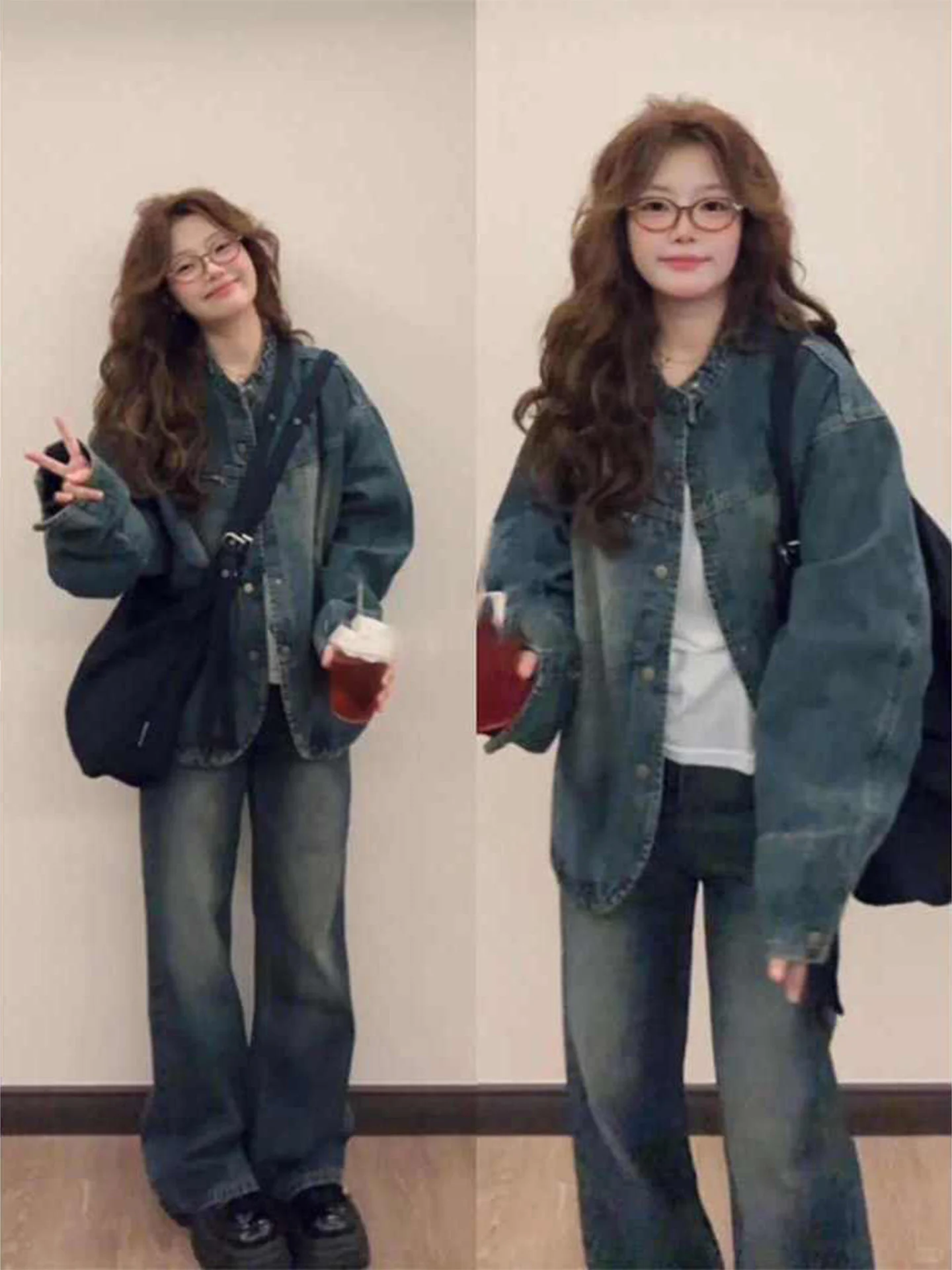 Retro American Washed Blue Denim Jacket Women Loose Casual Short Coat Spring Autumn Straight Tube Type Long Sleeve Button Clo...