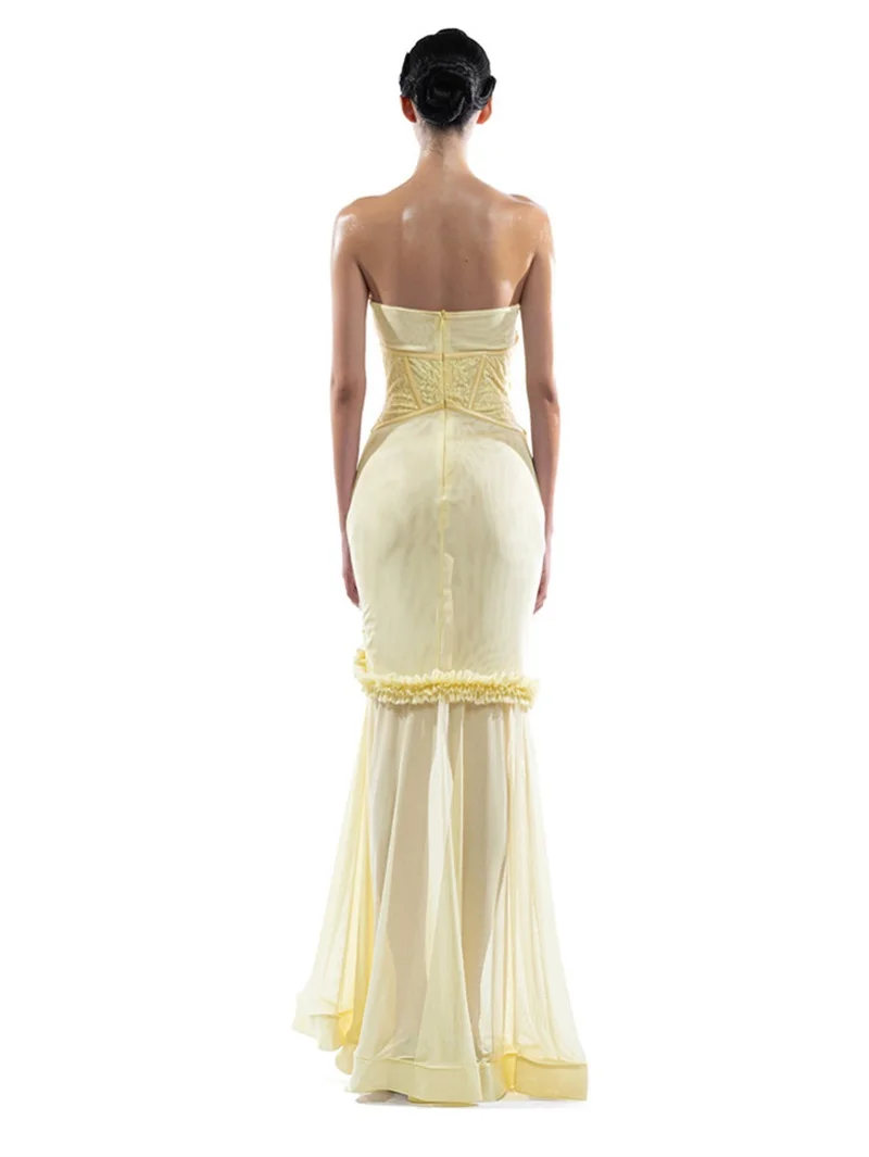 Yellow Prom Dress Sexy Corset Lace Up Hollow Sleeveless Long Mermaid Formal Wedding Guest Robes Autumn 3D Flower Bridal Gown