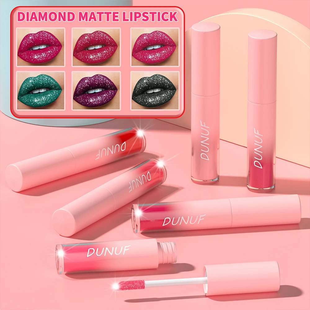 DUNUF-brillo de labios brillante para mujer, lápiz labial líquido con purpurina de diamante, resistente al agua, brillo de labios de larga duración, maquillaje de labios, cosméticos