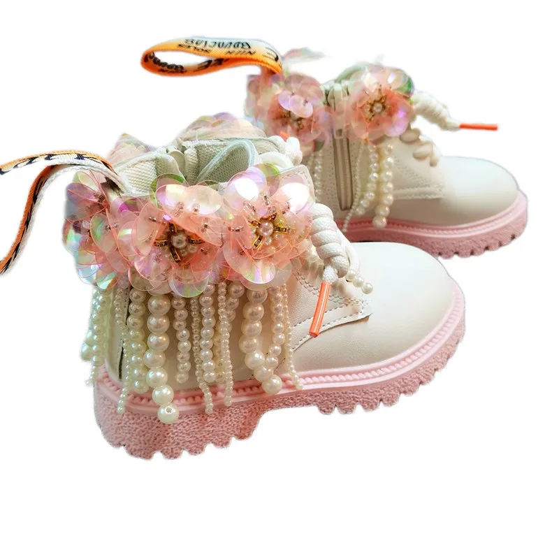 

Bling Handhamde Pearls Tassel Kids Leather Chelsea Boots Floral Sequins Toddler Children Martin Ankle Boots Princess Girl Shoes