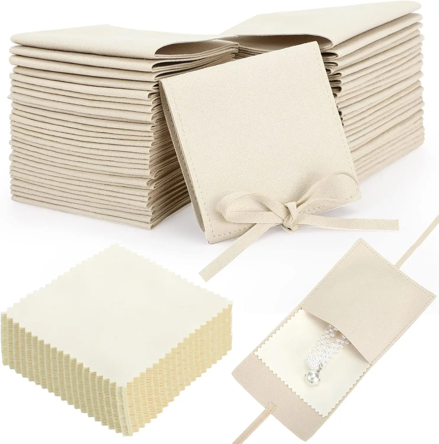 10 Pcs Microfiber Jewelry Pouch 8 x 8cm Jewelry Packaging Bag Gift Bow Tie Bracelet with Cleaning Cloth(Beige)