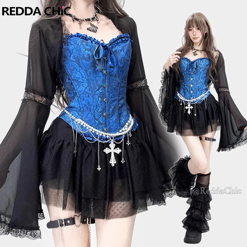 

REDDACHiC Floral Renaissance Bustier Corset Cincher Goth Open Front Bolero Shrug Lace Black Mini Skirt Party Retro Women Clothes