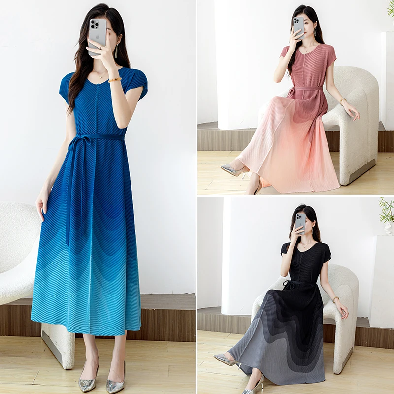 

Ele Long adient Color Dr with Belt Large Size Faionable High Waist A-Line Skirt Polyester Fiber Summer New Arrival