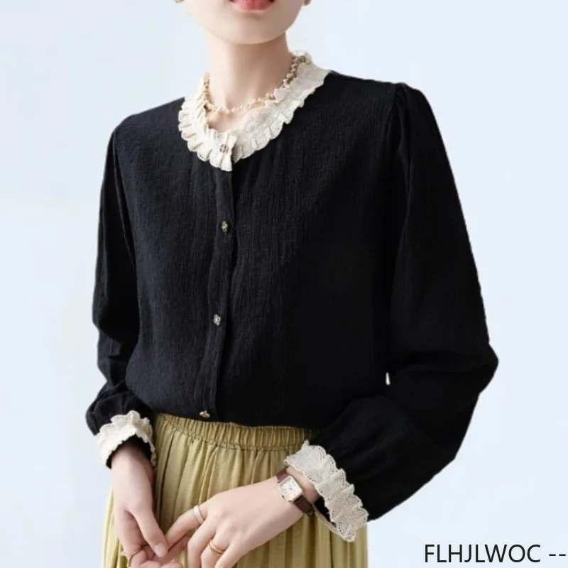 

Black Velvet Women's Autumn Winter 2025 New European Vintage Retro Stand Collar Long Sleeve Basic Shirts White Lace Ruffles Tops