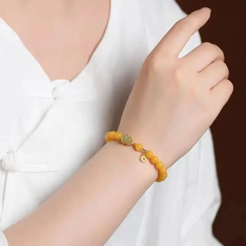 

Natural Beeswax Bracelet Women's Old Honey Chicken Oil Yellow Hetian Jade Gourd HandString Make Money Fu Antique Girlfriend Gift