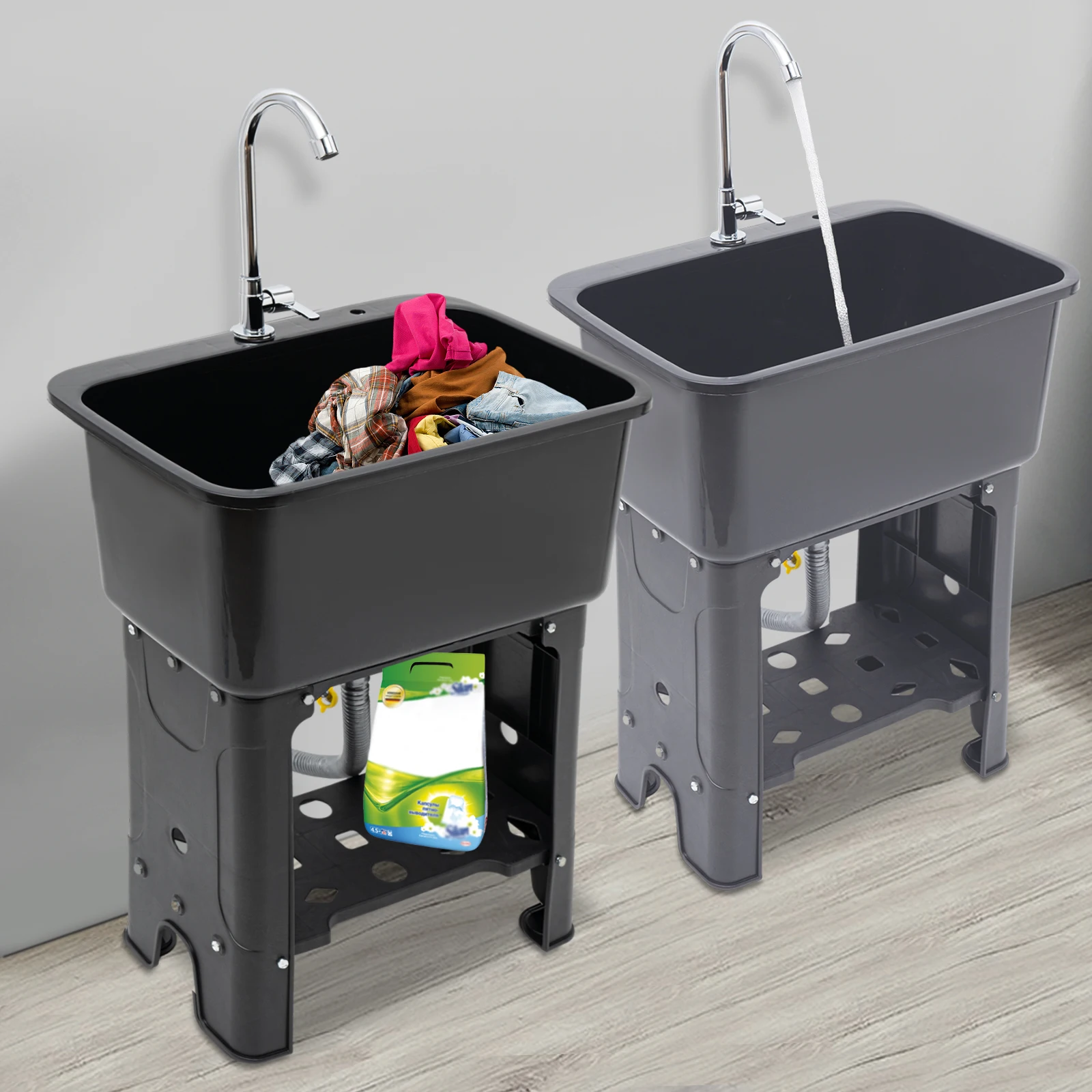

BYMAOCAR Utility Sink Laundry Tub Plastic Freestanding W/ Washboard& 360° Rotatable High Faucet for Laundry Room