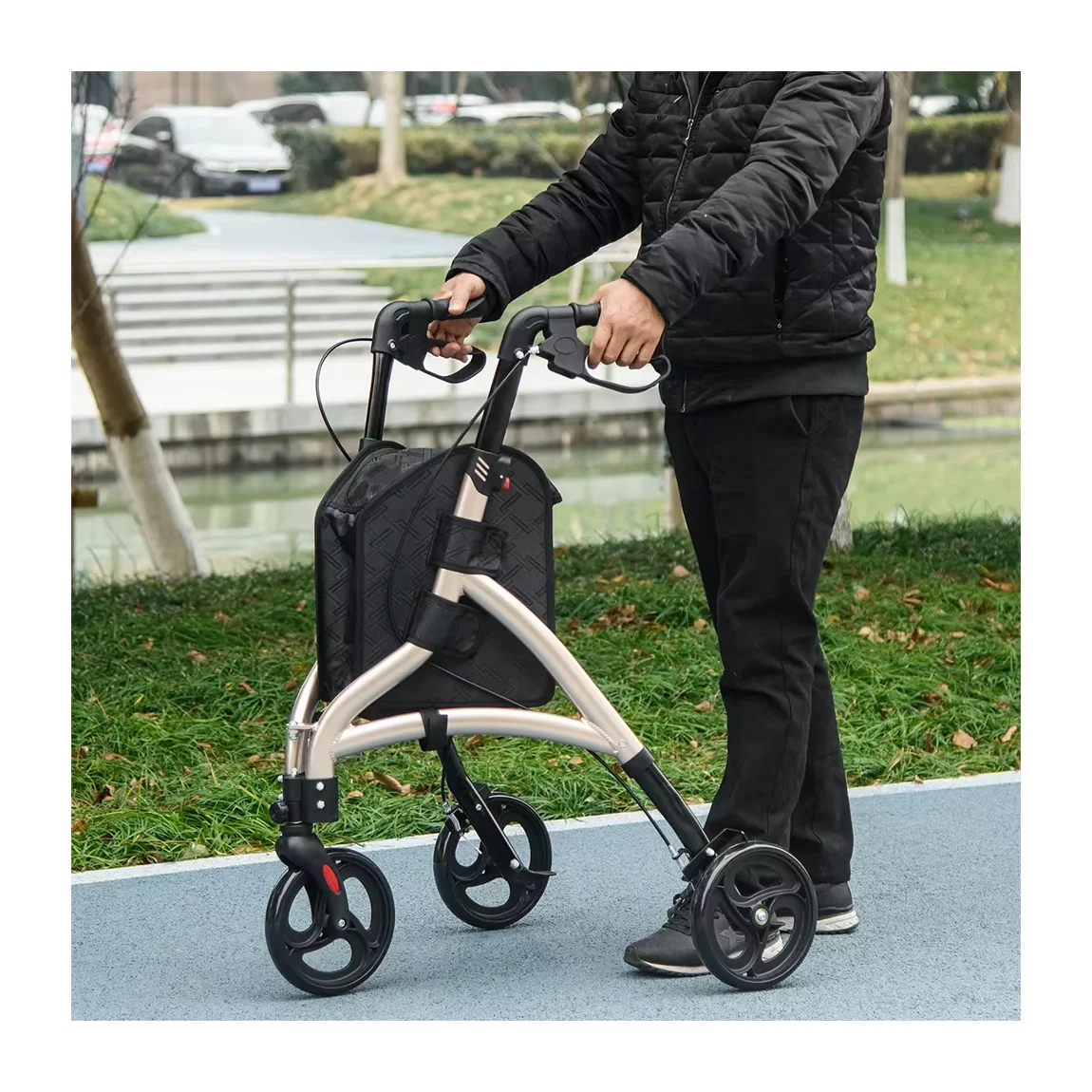Folding senior aluminum walker with 3-wheel walker and walker-assisted walking rehabilitation